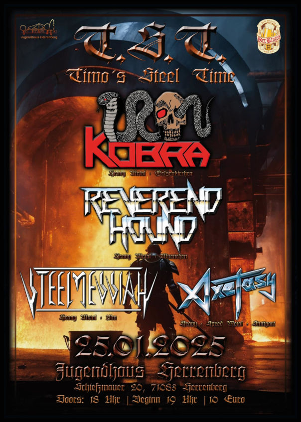 Ein Flyer für das Metal-Konzert "Timo's Steel Time" mit Reverend Hound