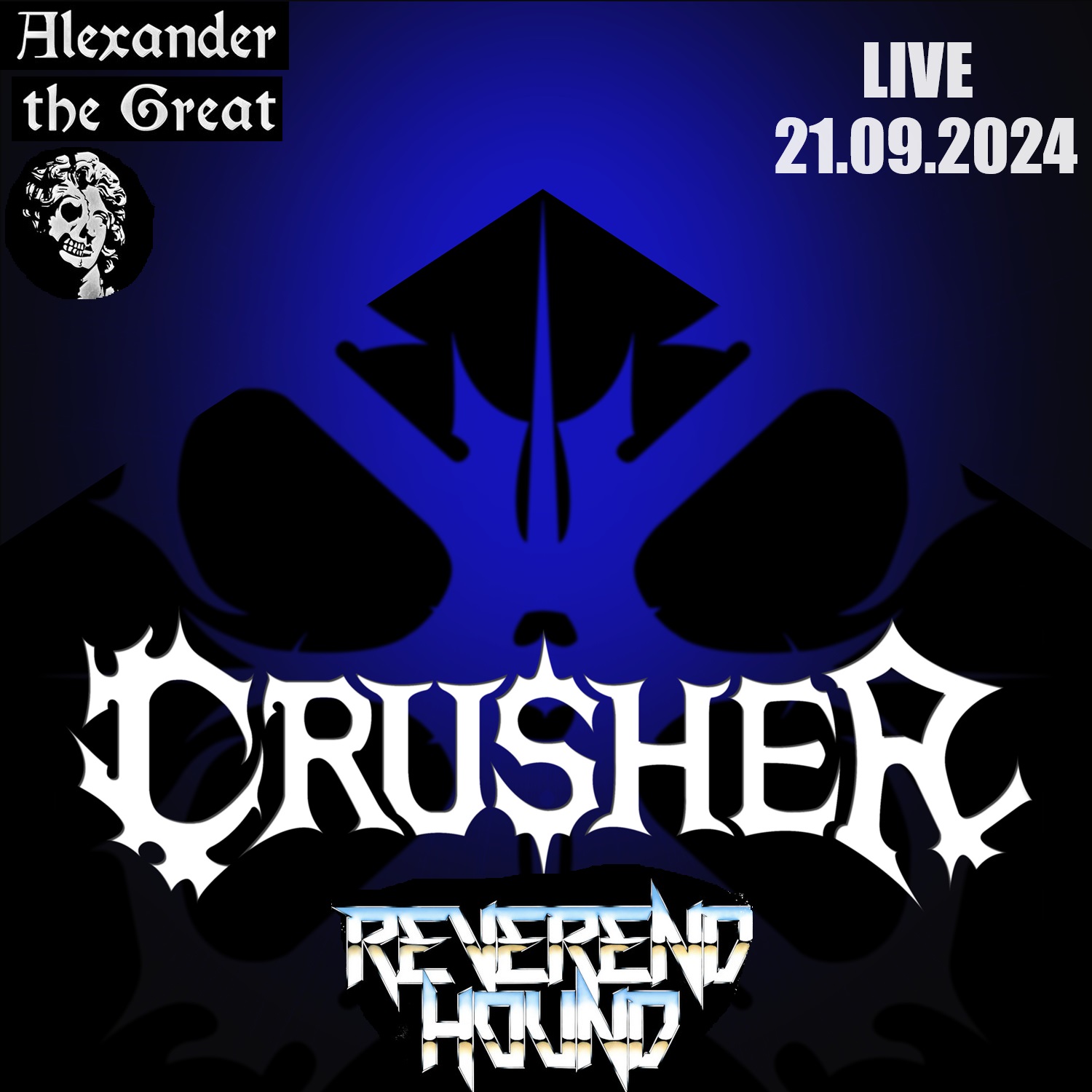 Ein Flyer für das Konzert der Metalbands Reverend Hound und Crusher im ATG Rockclub in Mainz